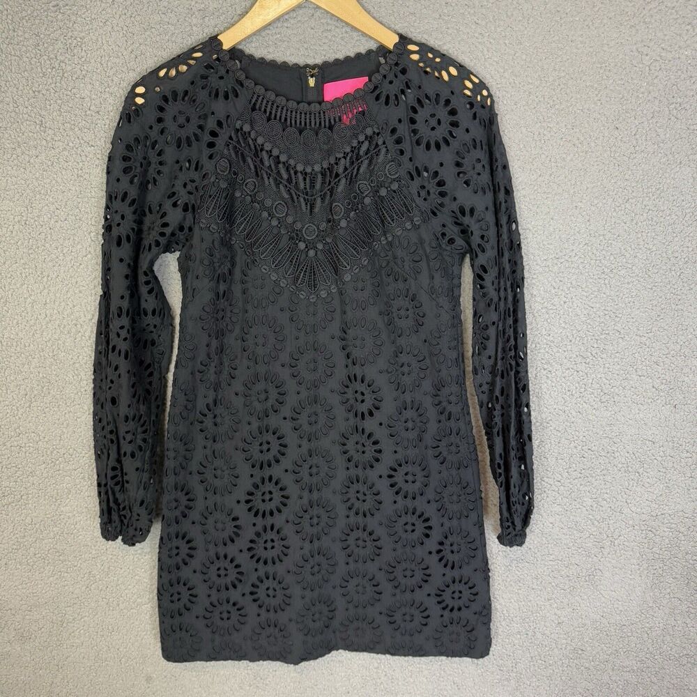 Lilly Pulitzer Dress Womens 4 Black Crochet Long Sleeve Midi